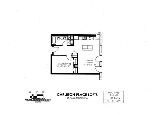 Floor plan for 1 bed, 1 bath, 692 sqft